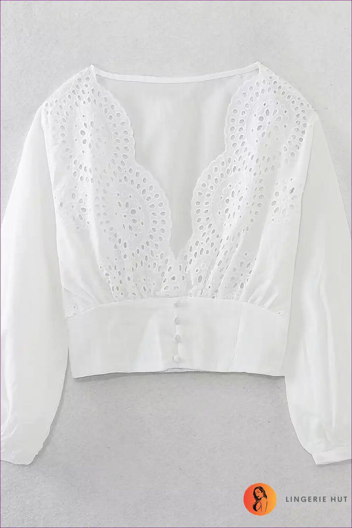 Levoire | Sexy Brodé Chemisier à Manches Longues - Élégance Romantique Blanc
