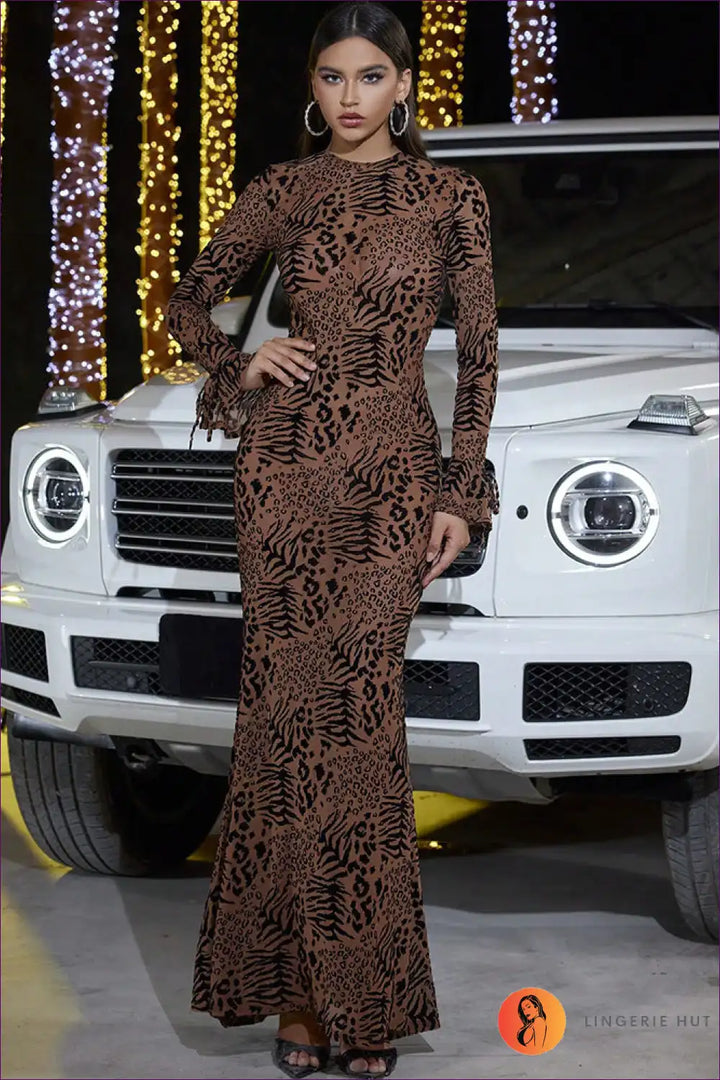 Levoire | Robe Maxi Imprimé Léopard Sleek - Glamourösi Robe de Soirée à Manches Longues Braun
