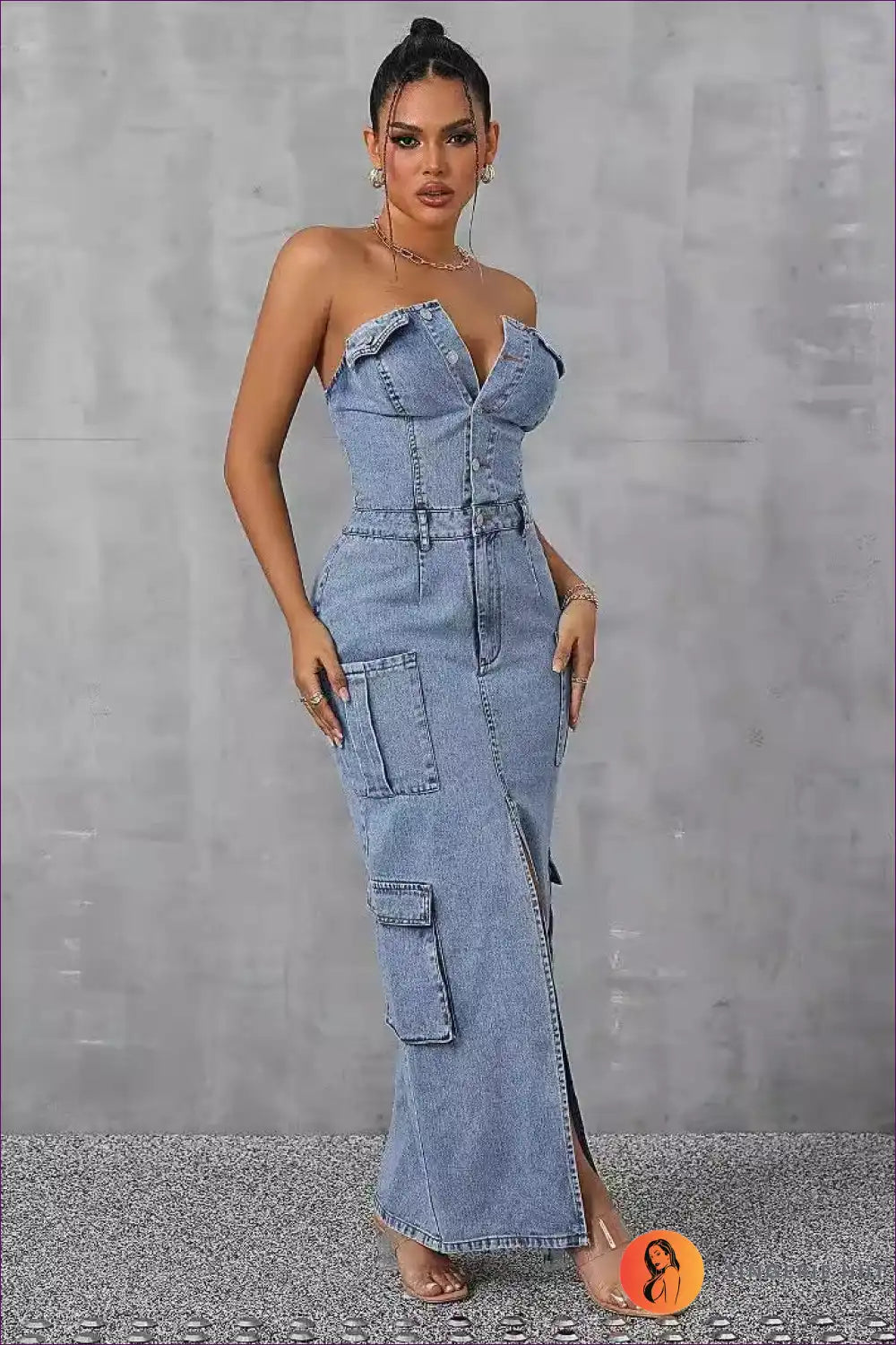 Levoire | Robe Maxi en Denim Sans Épaules – Romantique & Élégante