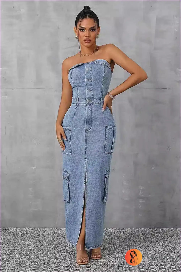 Levoire | Robe Maxi en Denim Sans Épaules – Romantique & Élégante