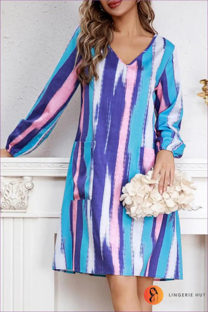 Levoire | Robe Shift à Col V Rayée - Élégante Décontractée Vivante Bleu