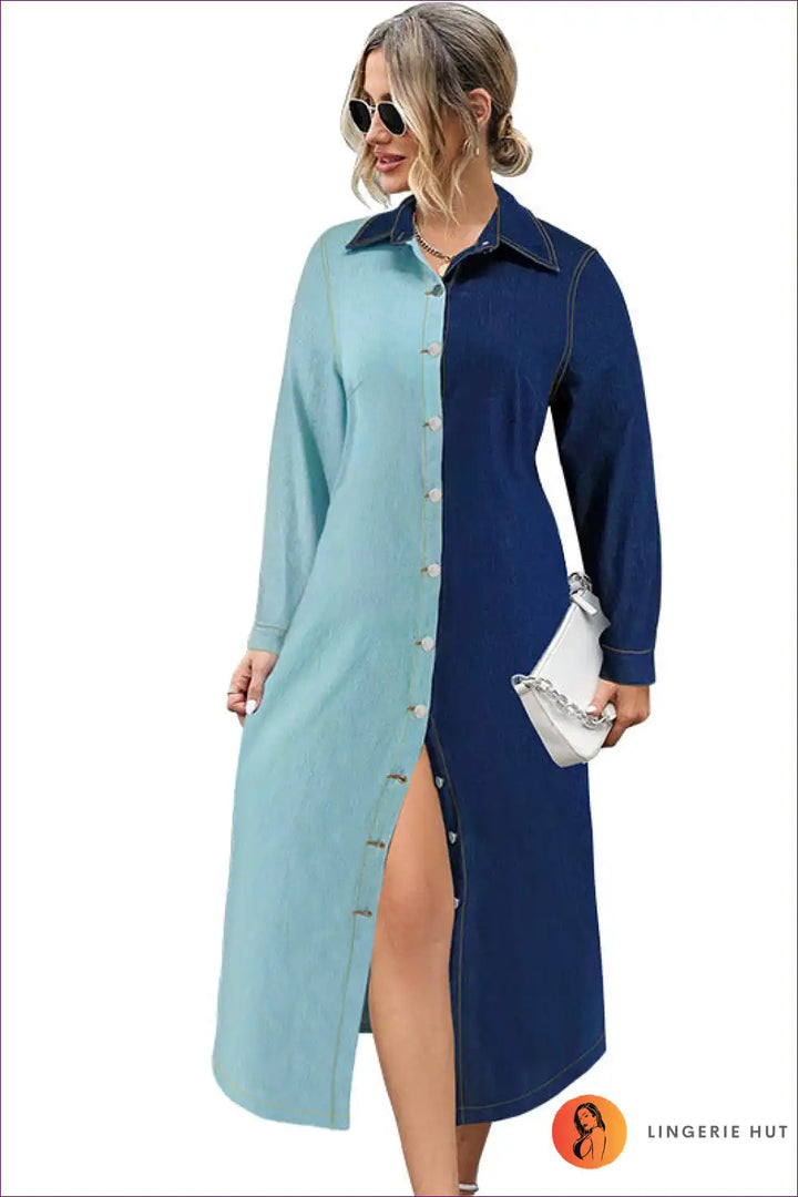 Levoire | Robe maxi en denim bicolore - Un contraste notable pour l'élégance quotidienne Bleu
