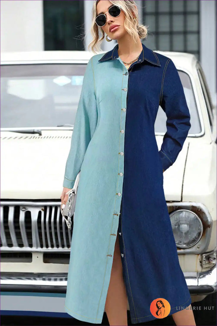 Levoire | Robe maxi en denim bicolore - Un contraste notable pour l'élégance quotidienne