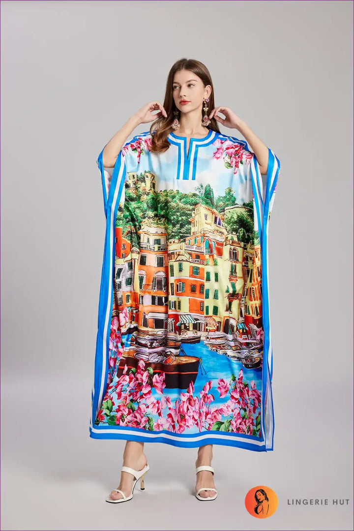 Levoire | Kaftan Paysage Urbain Vibrant - robe maxi de vacances luxueuse