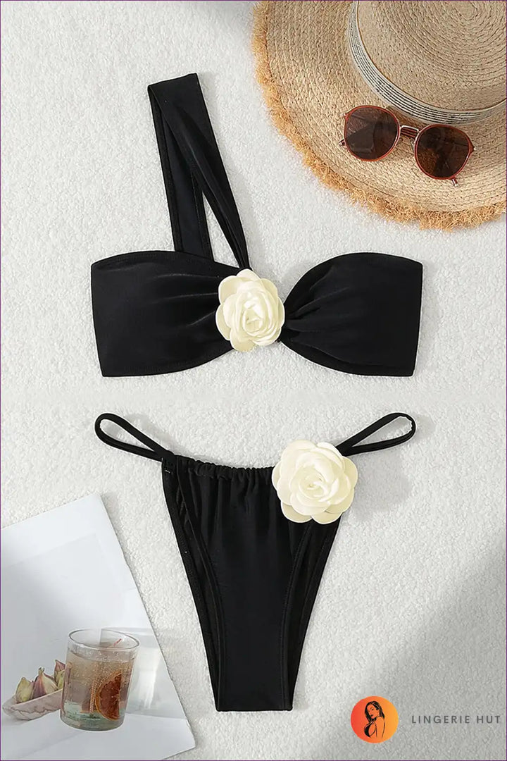 Levoire | Bikini blanc à motif floral à une épaule - Bloom in Style Noir