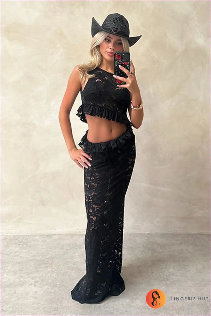Levoire | Ensemble Co-Ord en dentelle blanche - Glamour Bohème de Luxe Noir
