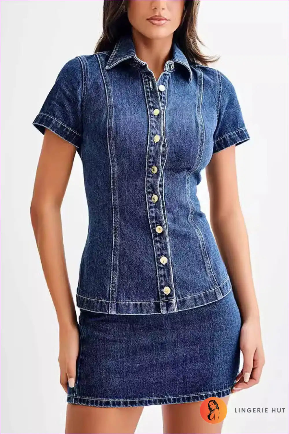 Levoire | Femme Denim À Manches Courtes Bouton Taille Haute Jupe Ensemble Bleu marine