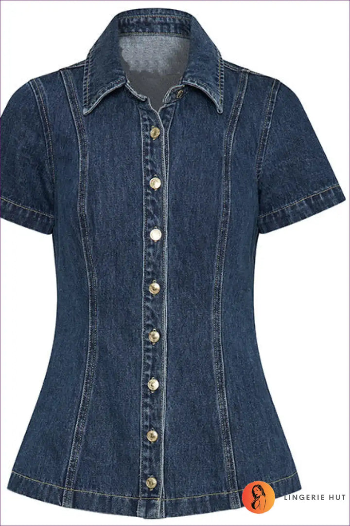 Levoire | Femme Denim À Manches Courtes Bouton Taille Haute Jupe Ensemble Blau2