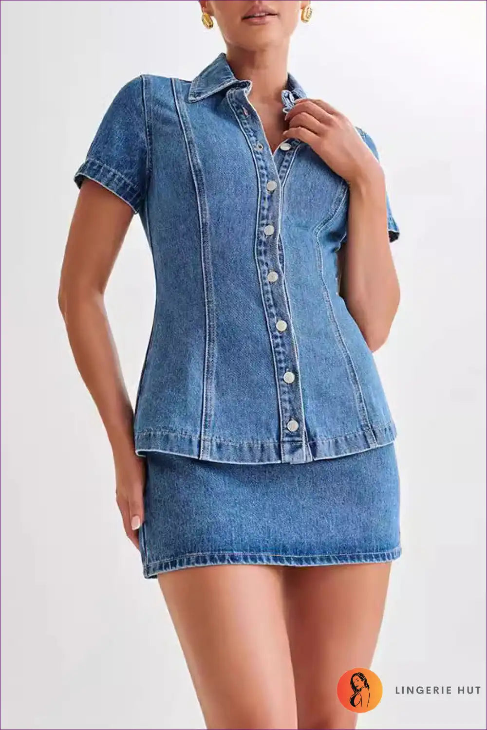 Levoire | Femme Denim À Manches Courtes Bouton Taille Haute Jupe Ensemble Bleu