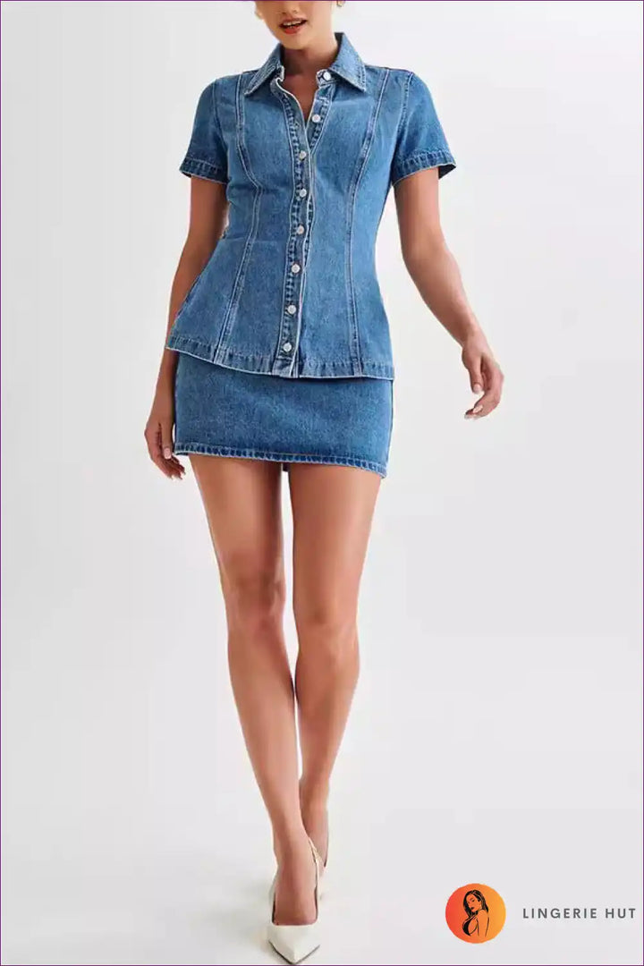Levoire | Femme Denim À Manches Courtes Bouton Taille Haute Jupe Ensemble