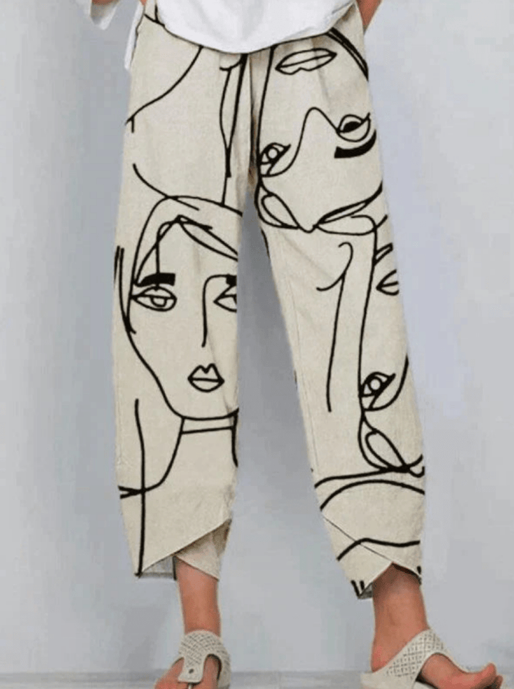 Levoire | Pantalon Décontracté Femme Imprimé Faciale Tendance Beige