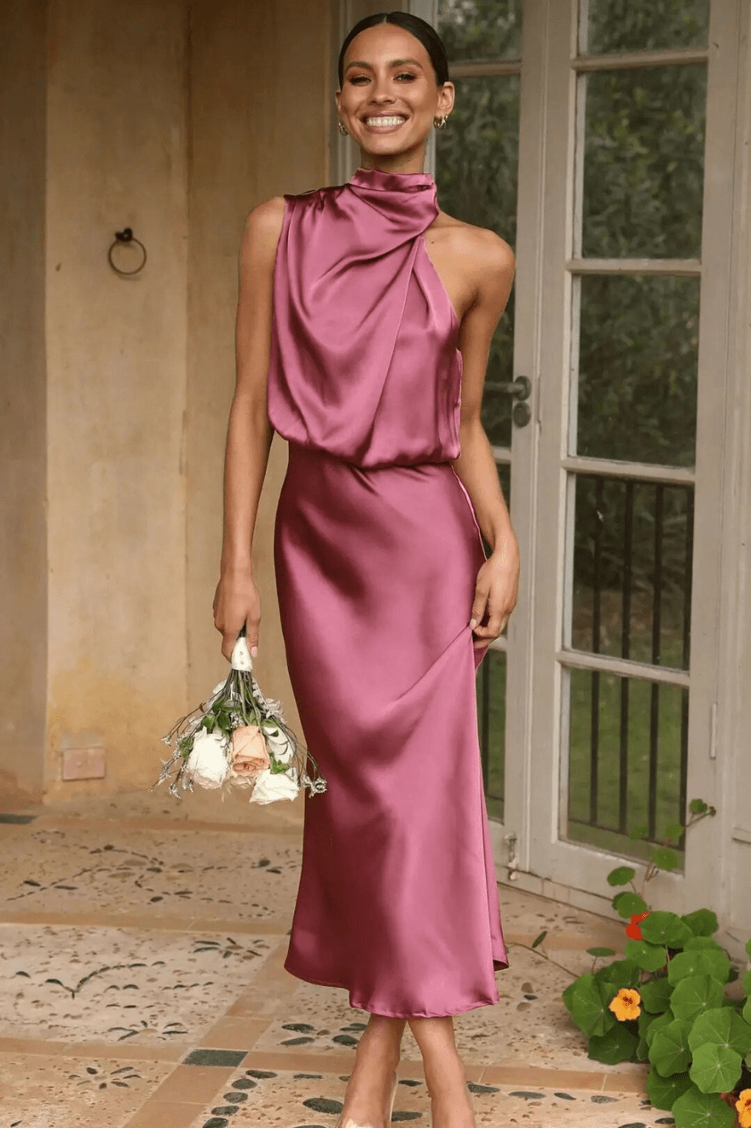 Levoire | Robe Maxi Femme Avec Ceinture Élastique Et Drapé Satiné Au Cou Rosa