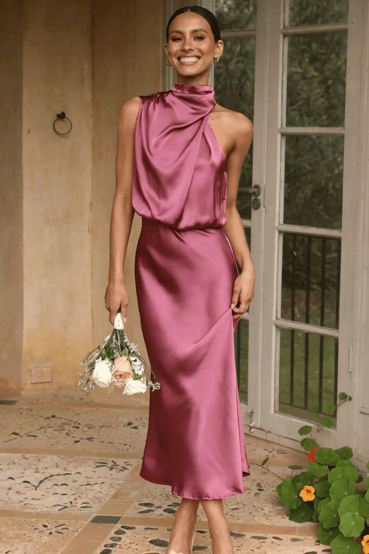 Levoire | Robe Maxi Femme Avec Ceinture Élastique Et Drapé Satiné Au Cou Rosa