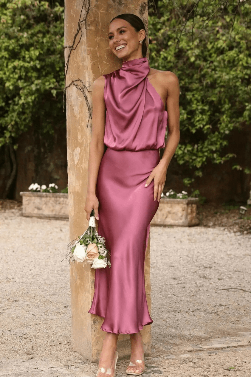 Levoire | Robe Maxi Femme Avec Ceinture Élastique Et Drapé Satiné Au Cou