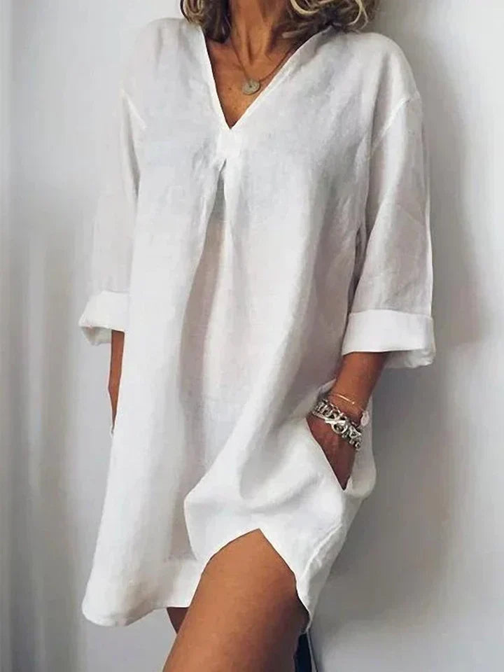 Levoire | Robe En Lin - Décolleté En V & Demi-Manche Blanc