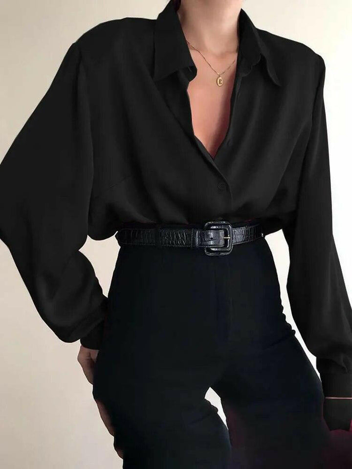 Levoire | Chemise À Manches Longues Avec Col Rabattu En Tissu Semblable À Du Satin Élégance Sans Effort Noir