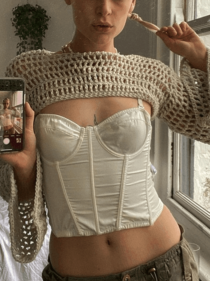 Levoire | Manches Longues Boléro Au Crochet Haut En Tricot Beige Taille unique