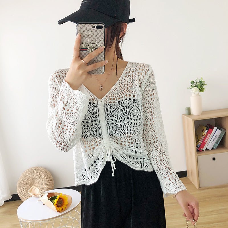Levoire | Haut d'été en mesh à manches longues avec cordon à col en V haut blouse section mince Blanc F