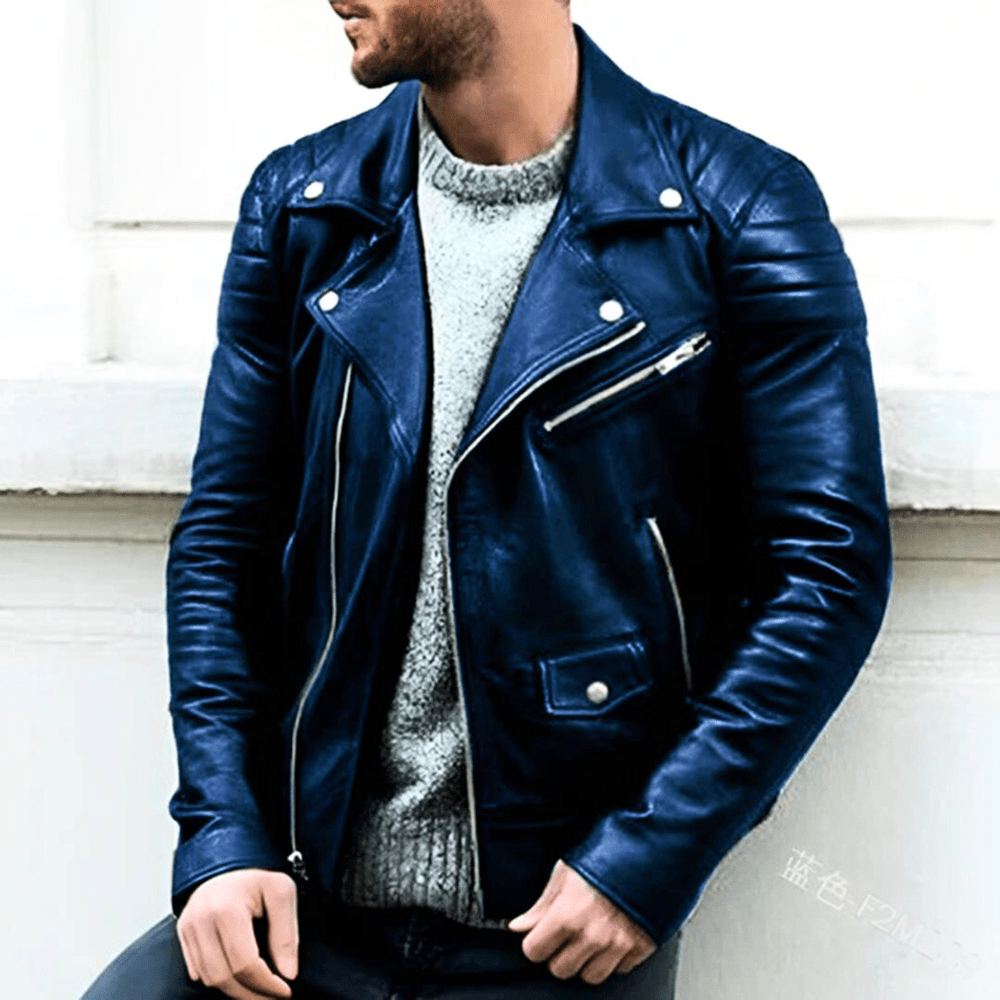 Levoire | Veste en cuir classique homme Veste de biker Cuir de haute qualité & Confortable Bleu