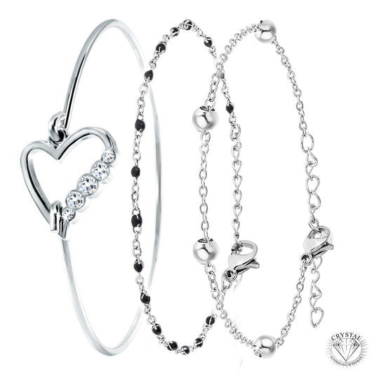 Levoire | de 3 Bracelets en Acier Inoxydable plaqué Argent ornés de Cristaux Scintillants - Livraison Offerte