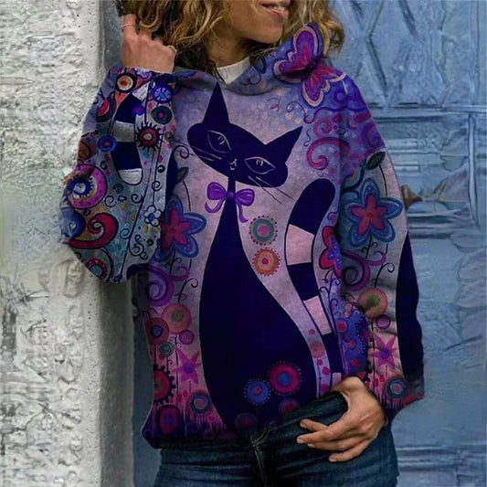 Levoire | Élégant Sweat À Capuche Avec Imprimé Chat Lilas