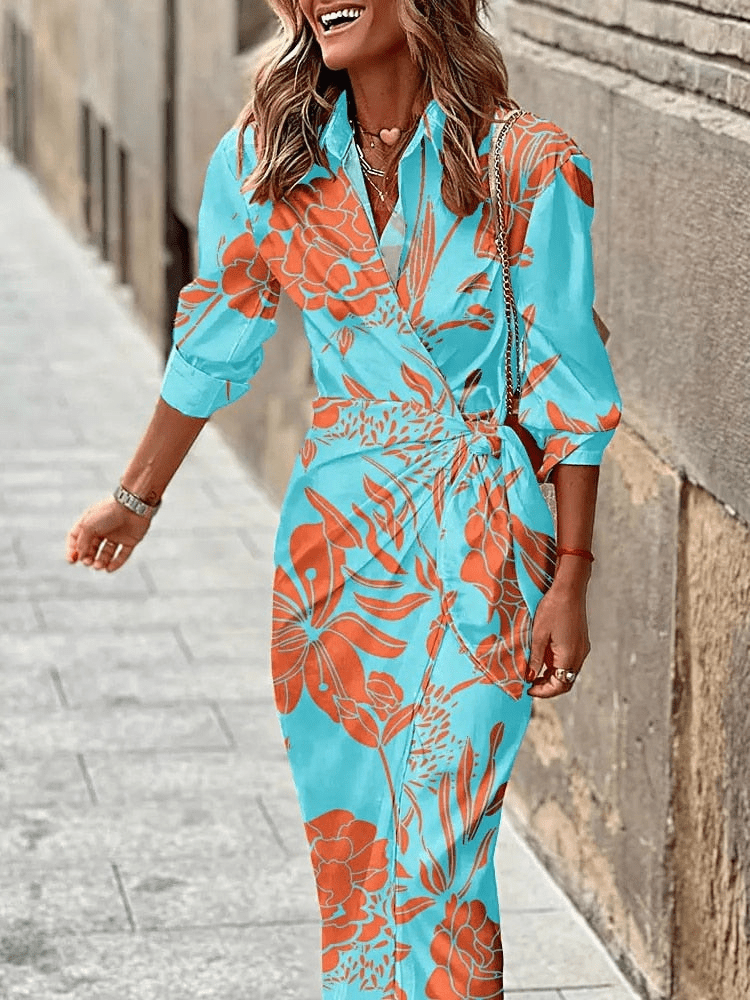 Levoire | Robe élégante pour femmes Robe d'été longue avec décolleté en V et col Bleu clair