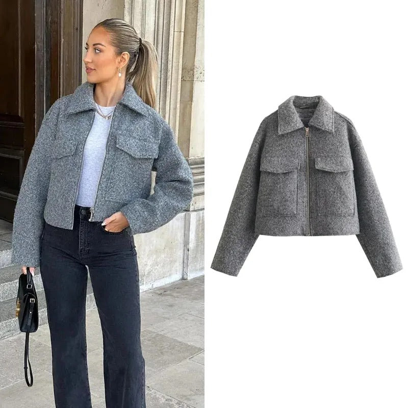 Levoire | Veste De Printemps/Transition Courte Tendance Et Élégante Avec Fermeture Éclair Et Col Retourné Pour Femmes