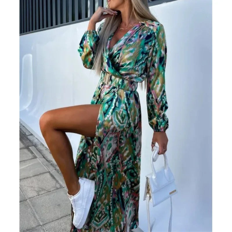 Levoire | Robe D'Été Avec Décolleté En V Et Fente Graphique Sur Le Côté Vert