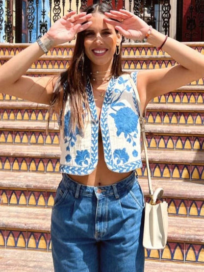 Levoire | Boho Gilet Sans Manches Tendance Fleuri Pour Femmes Bleu