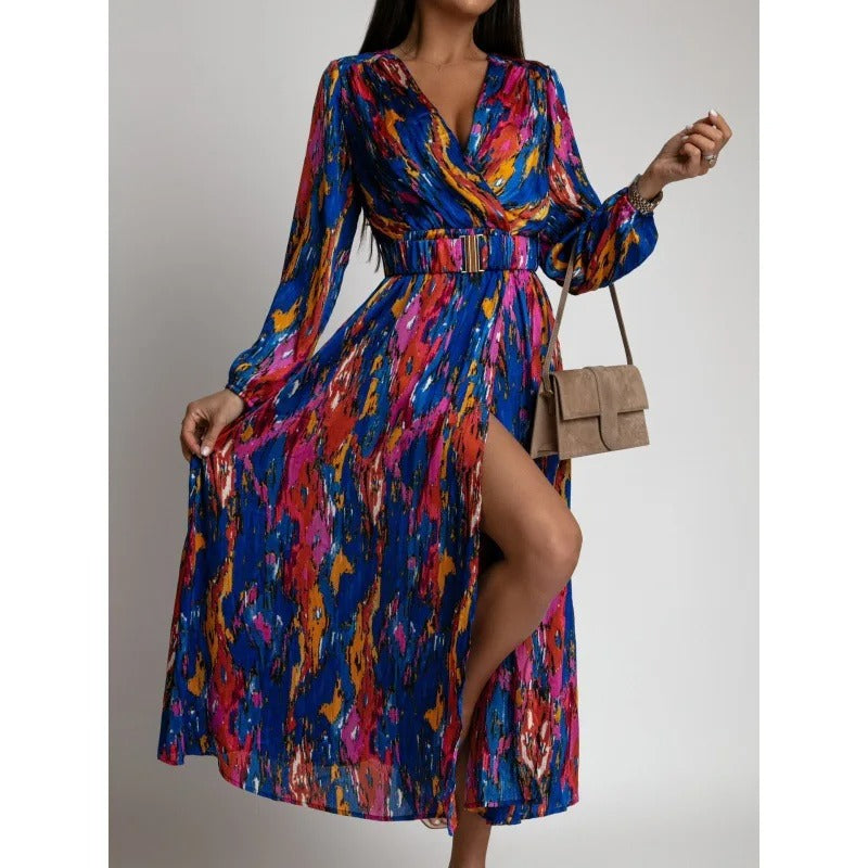 Levoire | Robe D'Été Avec Décolleté En V Et Fente Graphique Sur Le Côté Bleu