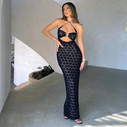 Levoire | robe long décolleté en filet transparent avec motif floral NOIR S