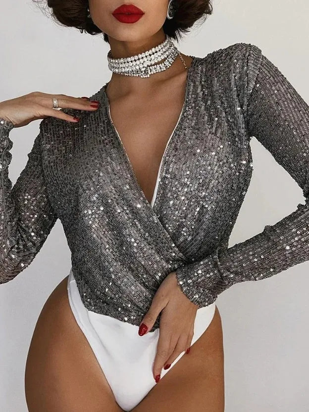 Levoire | chemises à manches longues et décolleté en V avec des paillettes Argent