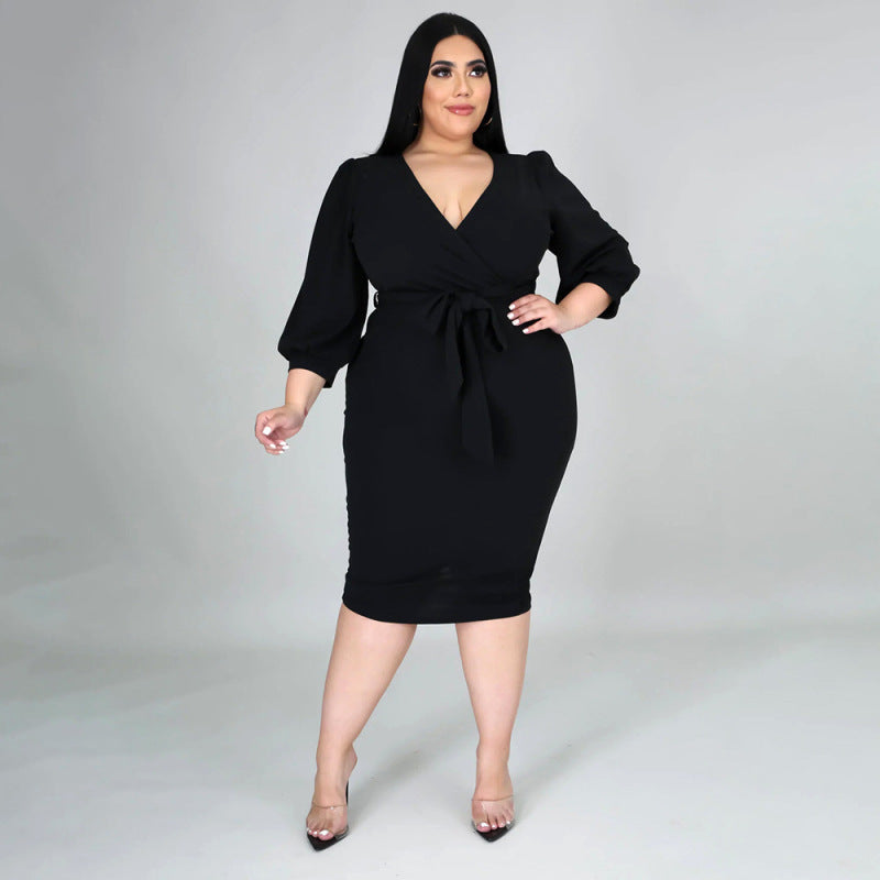 Levoire | robe longue V à manches ¾ avec ceinture NOIR XL