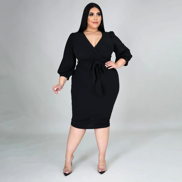 Levoire | robe longue V à manches ¾ avec ceinture NOIR XL