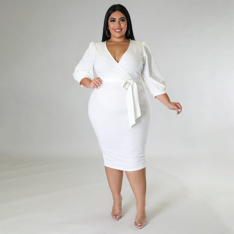 Levoire | robe longue V à manches ¾ avec ceinture BLANC XL