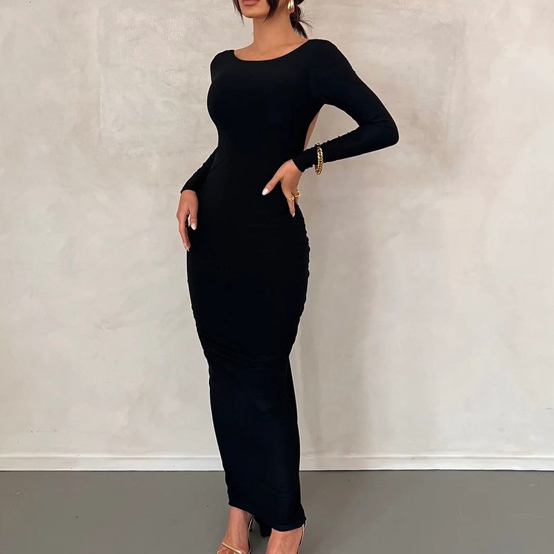 Levoire | robe de soirée à dos ouvert à manches longues taille haute NOIR
