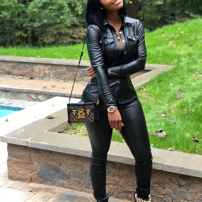 Levoire | combinaison de chemise à manches longues et de pantalons en simili cuir NOIR S