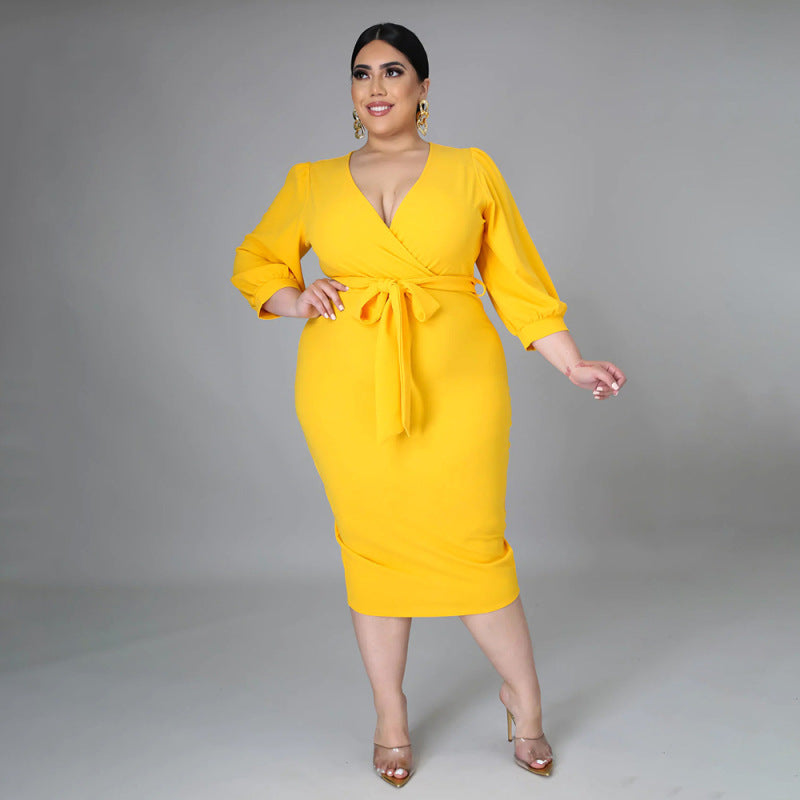 Levoire | robe longue V à manches ¾ avec ceinture JAUNE XL