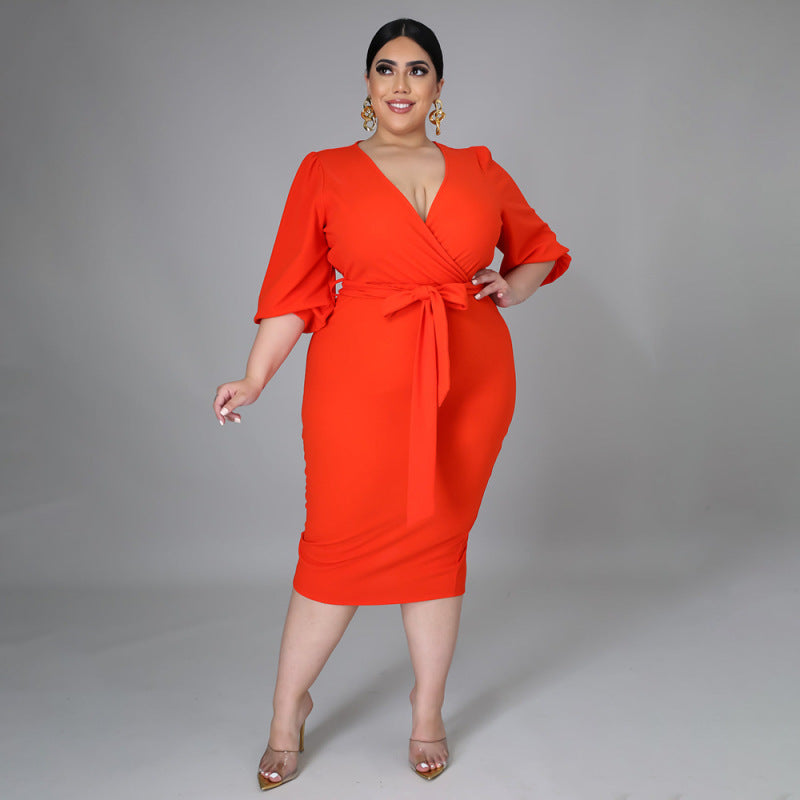 Levoire | robe longue V à manches ¾ avec ceinture ORANGE XL