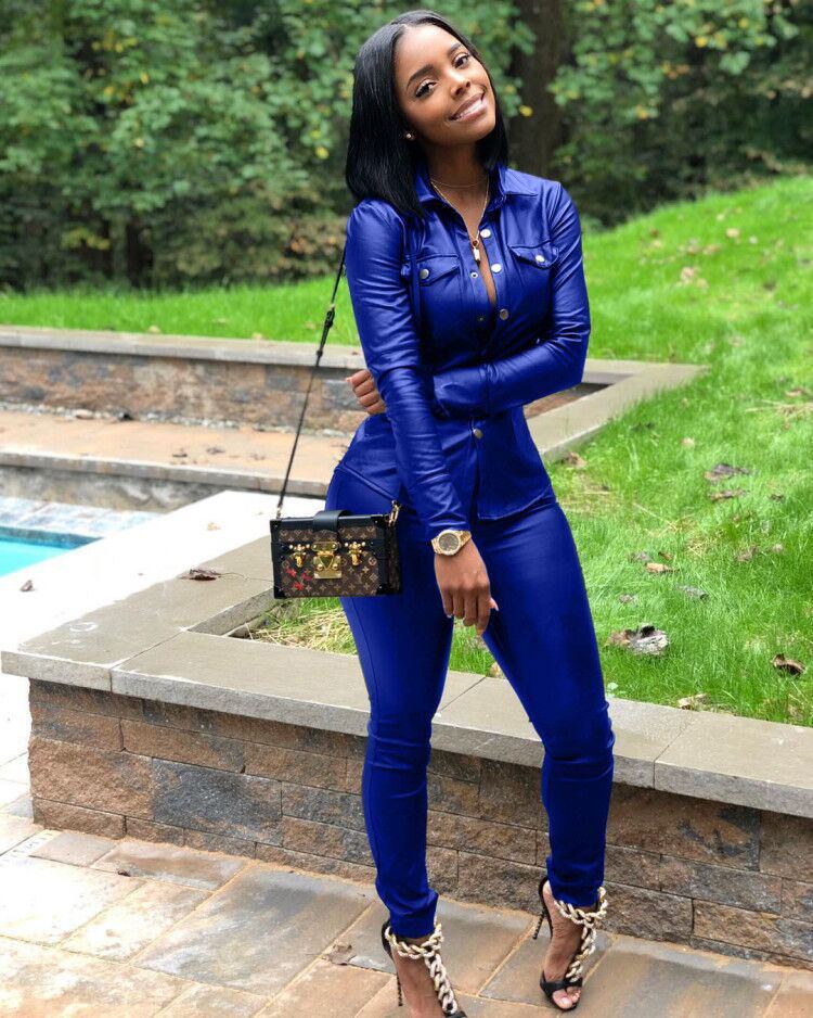 Levoire | combinaison de chemise à manches longues et de pantalons en simili cuir BLEU ROYAL S