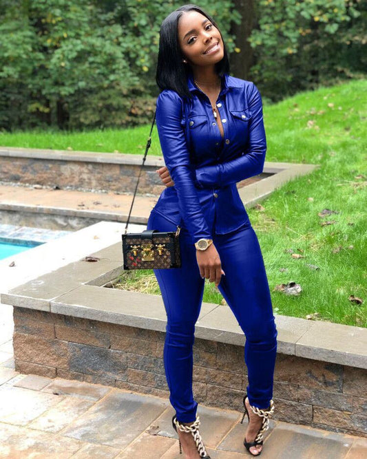 Levoire | combinaison de chemise à manches longues et de pantalons en simili cuir BLEU ROYAL S