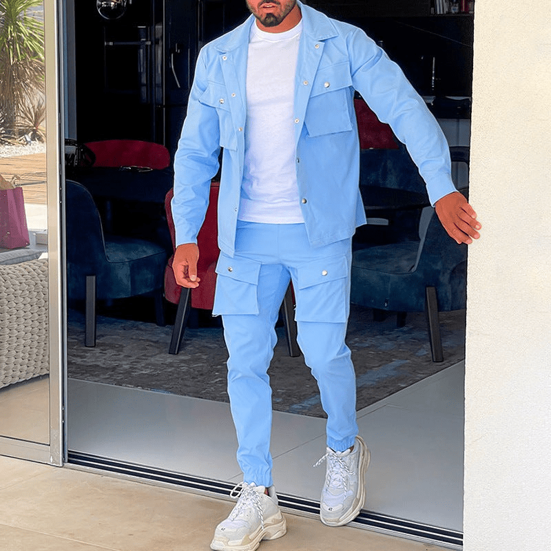 Levoire | Costume cargo homme deux pièces Pantalon cargo homme & Chemise tendance Bleu