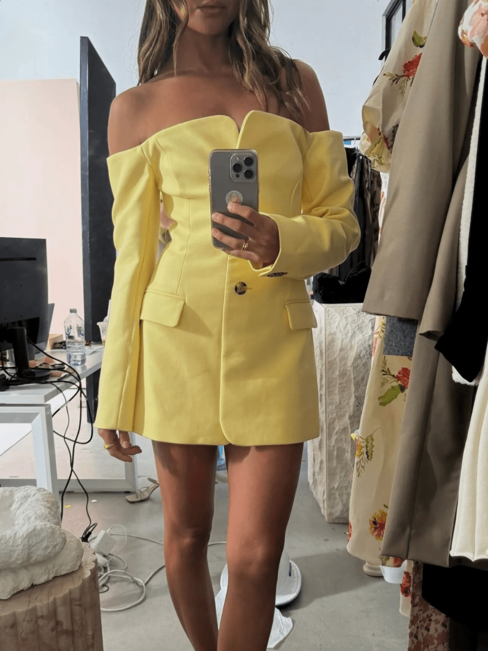 Levoire | Blazer Mini Chic Ajusté Off Shoulder pour Femme Dress Jaune
