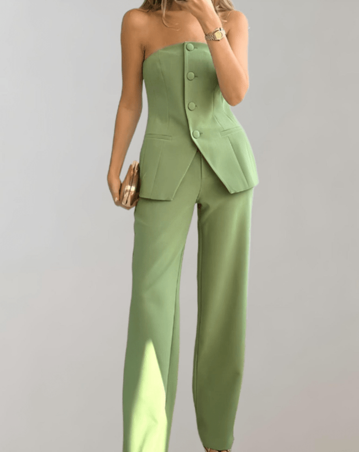 Levoire | Ensemble 2 Pièces Femme Pantalon Large Top Boutons Vert