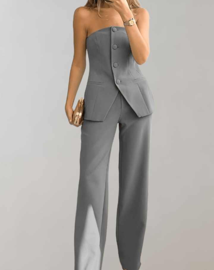 Levoire | Ensemble 2 Pièces Femme Pantalon Large Top Boutons Gris