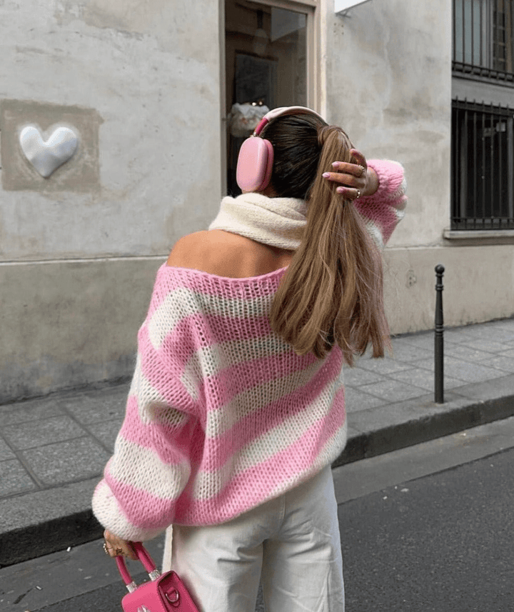 Levoire | Pull Tricot Rayé Femme Surtaillé Confortable Rosa