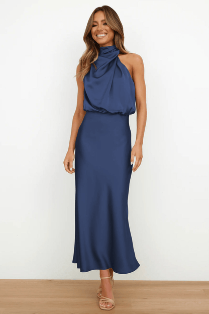 Levoire | Robe en Satin Longue avec Col pour Femmes Marine