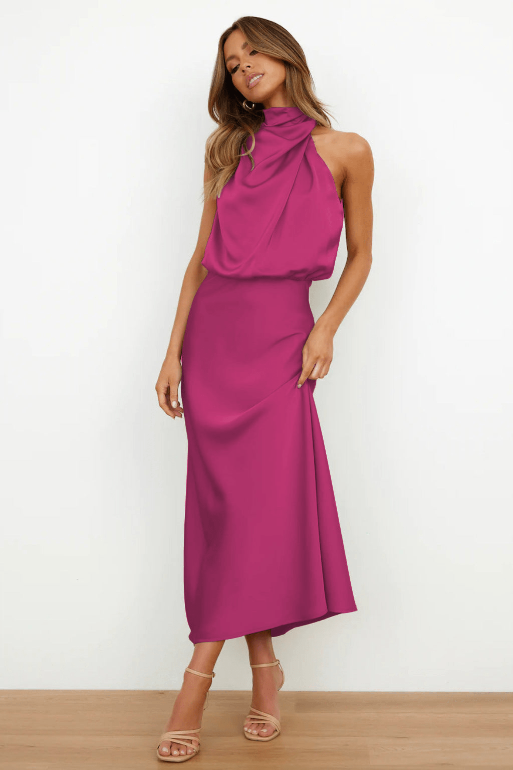 Levoire | Robe en Satin Longue avec Col pour Femmes Rosa