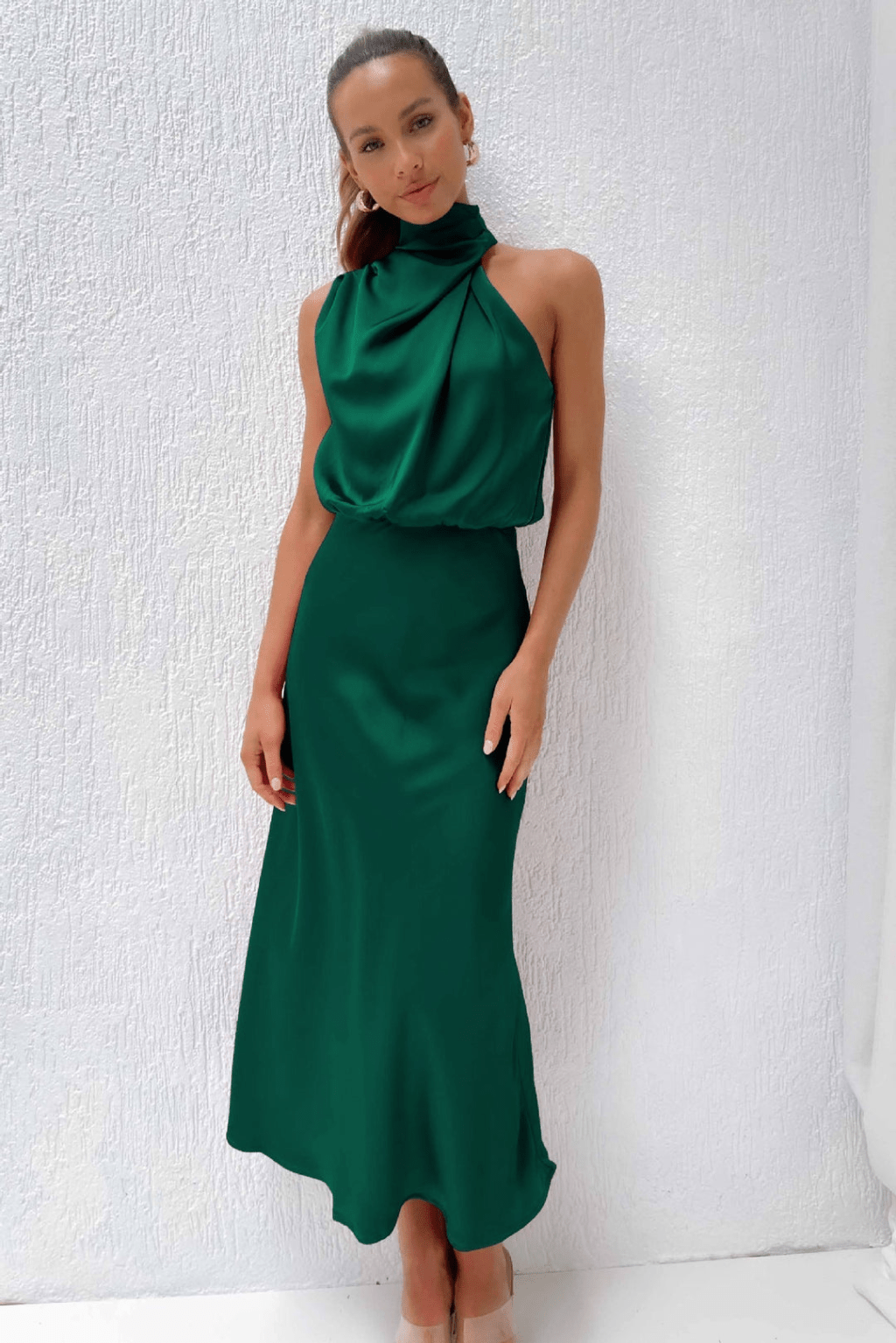 Levoire | Robe en Satin Longue avec Col pour Femmes Vert