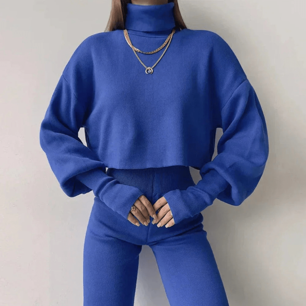 Levoire | Ensemble pour femmes deux pièces élégant avec pull à col roulé court Bleu